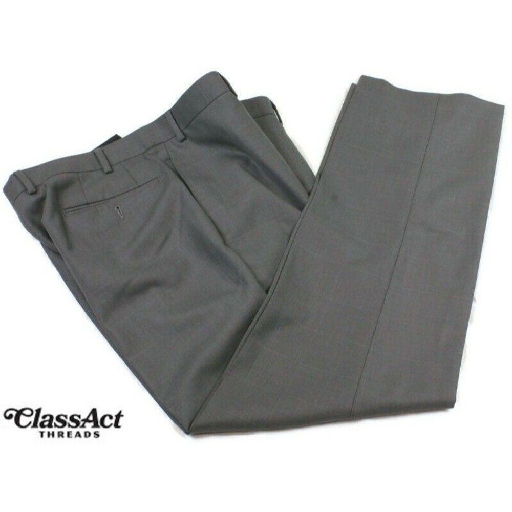 Calvin Klein Dress Pants Mens Flat Front Gray Windowpane Polyester Blend 36 X 30